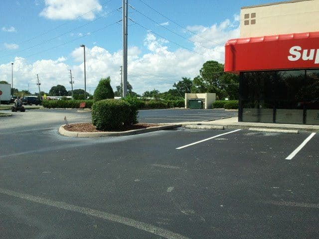 Freshly maintained commercial parking lot landscape